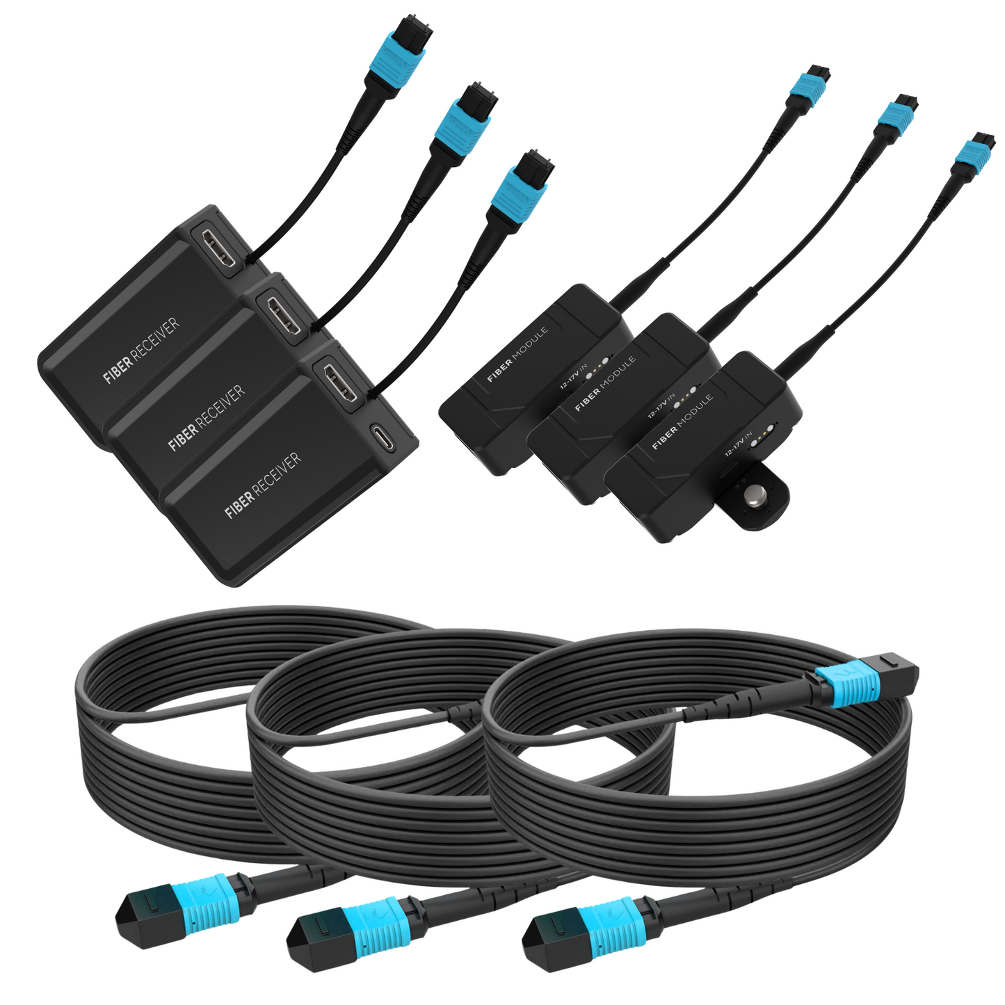 Kondor Blue Fletch Fiber System for HDMI (3 Kit: Fiber TX & RX Modules) (50 Feet) / (Raven Black)