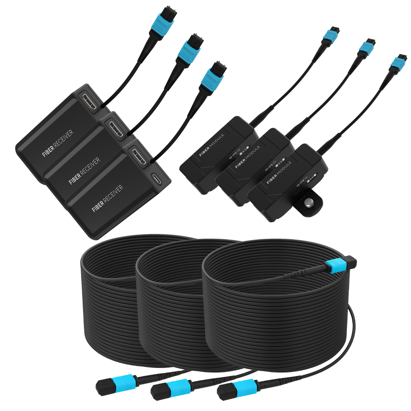 Kondor Blue Fletch Fiber System for HDMI (3 Kit: Fiber TX & RX Modules) (300 Feet) / (Raven Black)