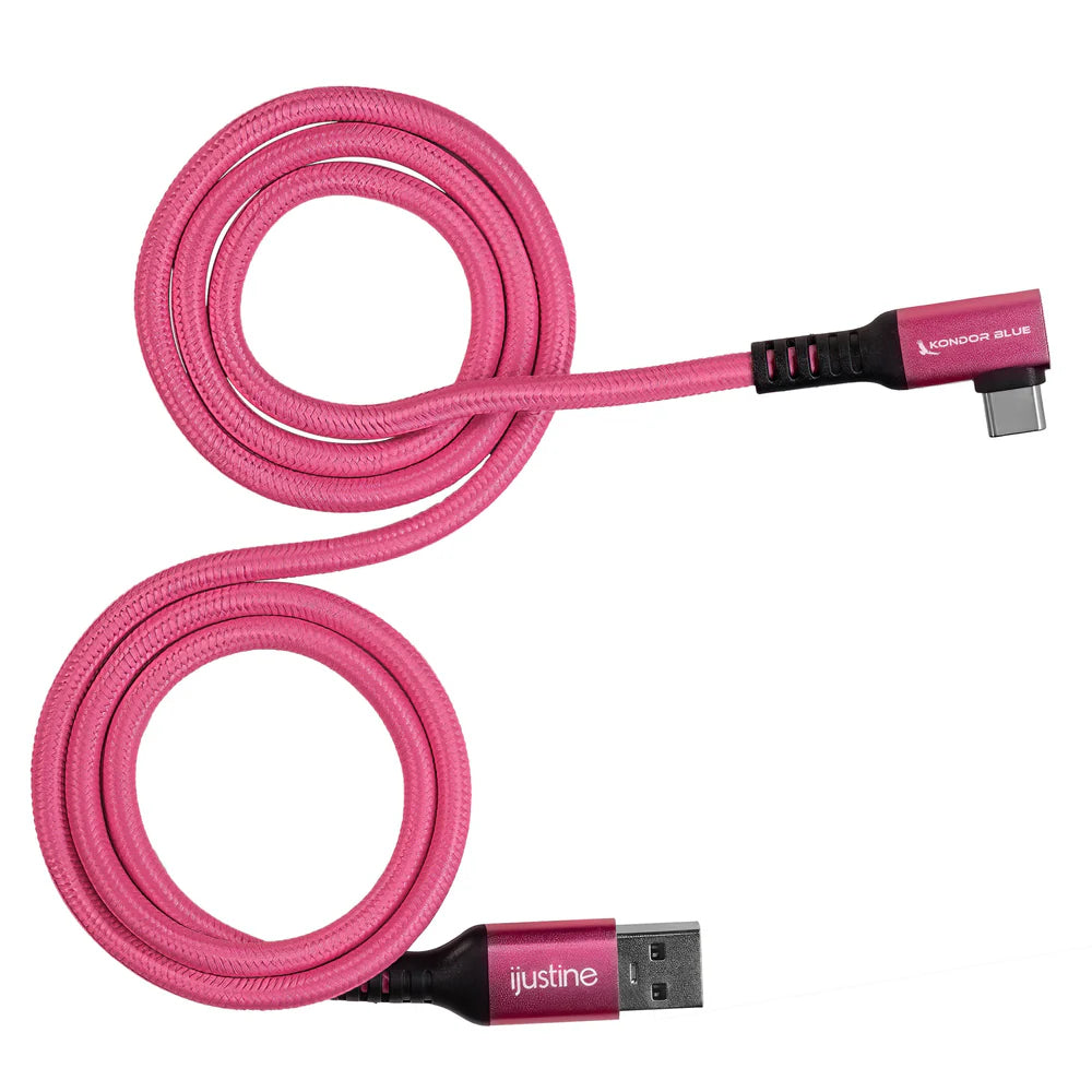 Kondor Blue iJustine Pink USB A auf USB C 3.0 rechtwinkliges Hochgeschwindigkeits-Daten- und Ladekabel 3 A 60 W 5 Gbit/s (3 Fuß)