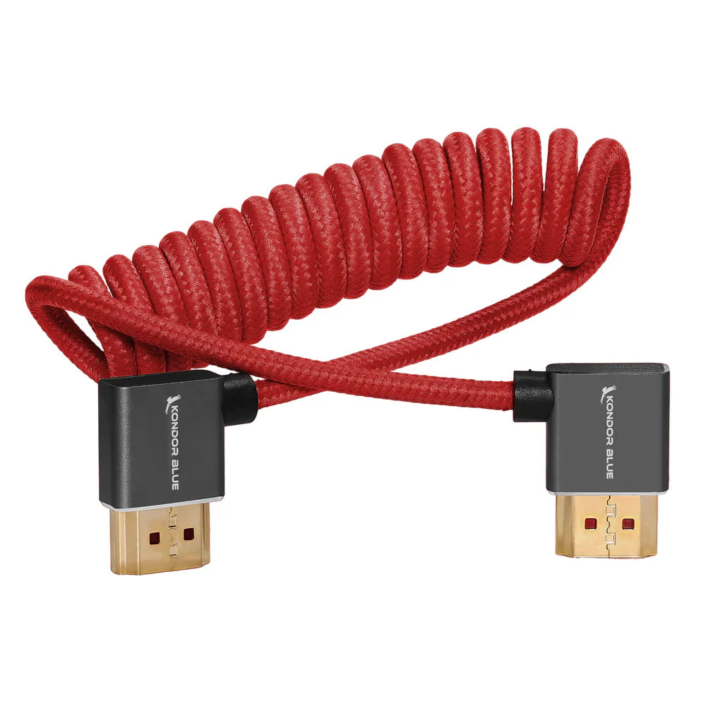 Kondor Blue rechtwinkliges Voll-HDMI-Kabel für On-Camera-Monitore, 12–24 Zoll, geflochten, gewickelt (Cardinal Red)